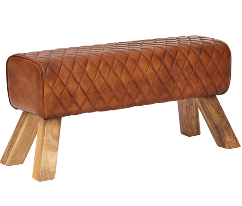 wooden Vintage leather bench - Leather Furniture