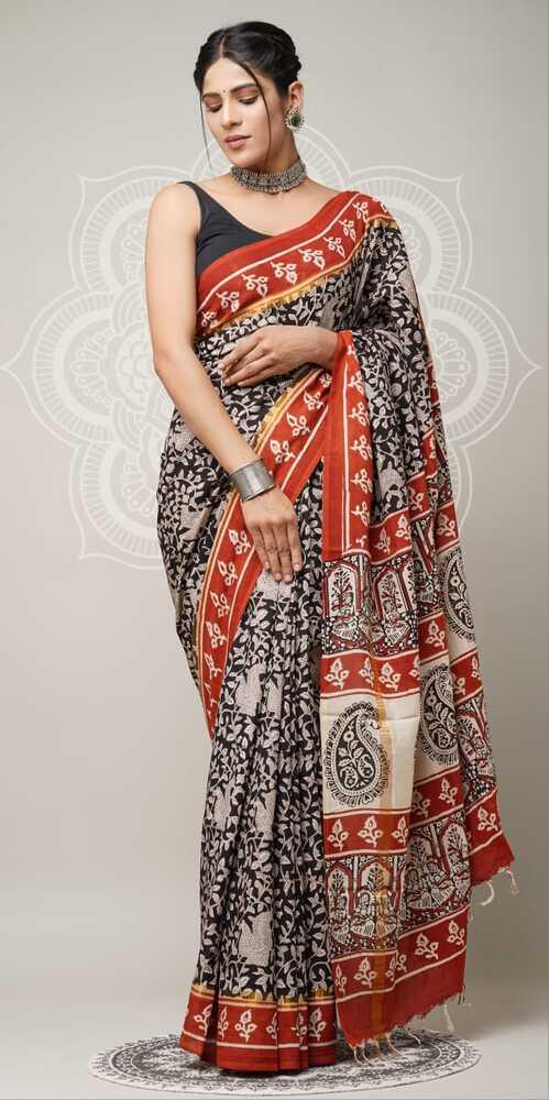 Assam silk Hand blockprint Sarees, with Blouse