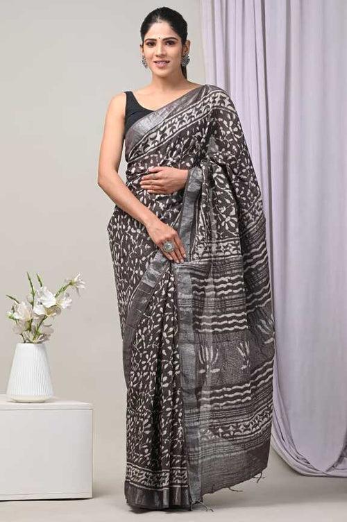 Cotton Linen Hand blockprint Saris, with Blouse