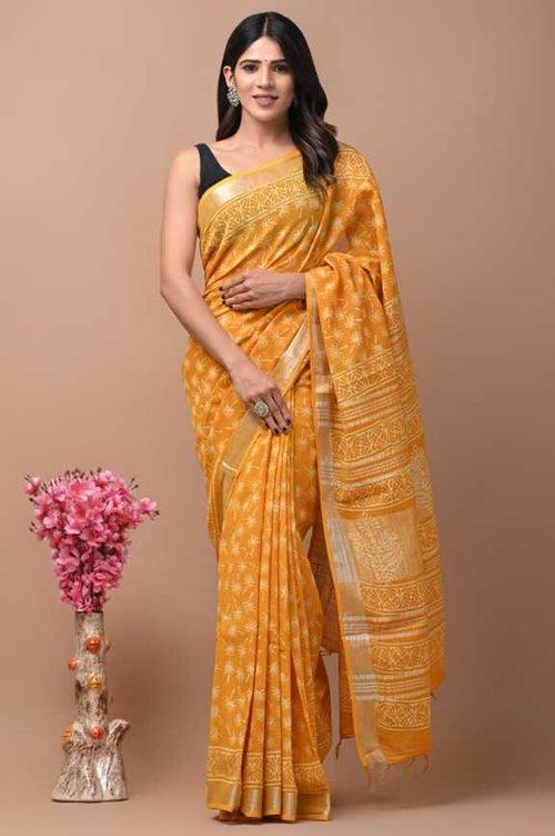 Cotton Linen Hand blockprint Saris, with Blouse