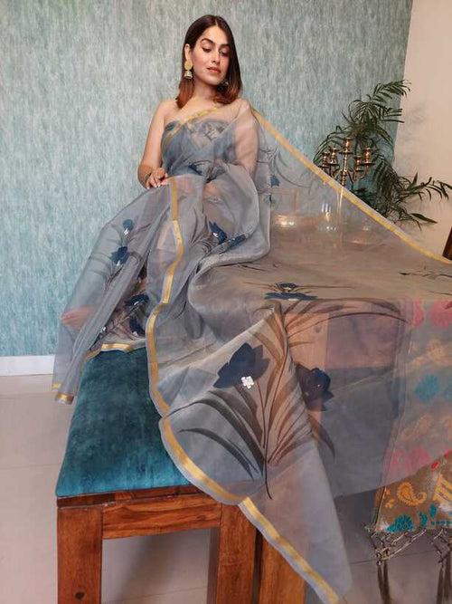 Hand Painted saris in Organza silk, with Blouse