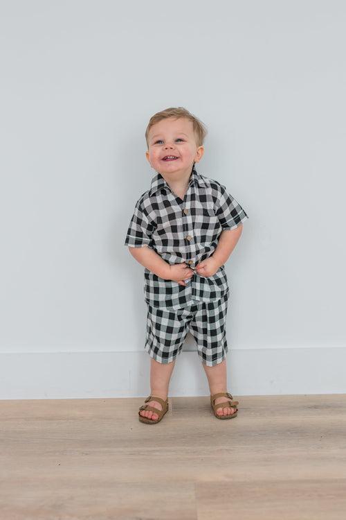 Black Checkered Boys Shirt & Shorts Set