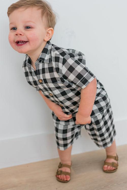 Black Checkered Boys Shirt & Shorts Set