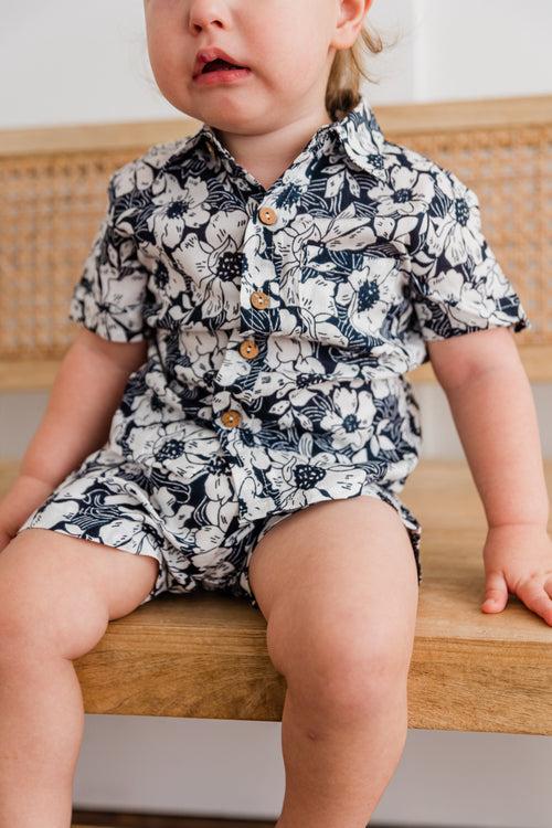 Black Floral Printed Boys Shirt & Shorts Set