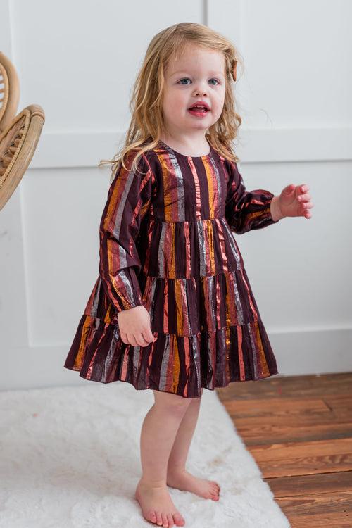 Burgundy Solid Color Multi Lurex Tiered Long Sleeve Dress