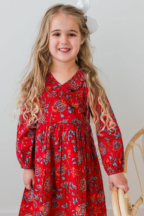 Floral Print Neck Ruffle Long-Sleeves Gathered Dress