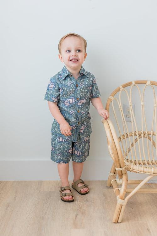 Grey Printed Boys Shirt & Shorts Set