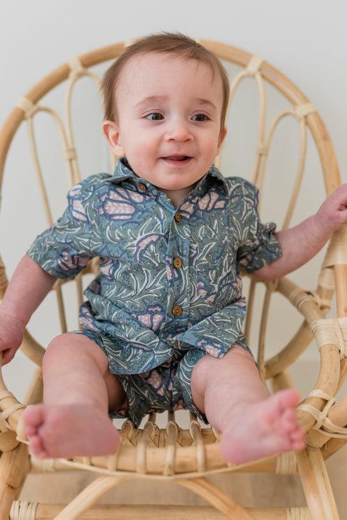 Grey Printed Boys Shirt & Shorts Set