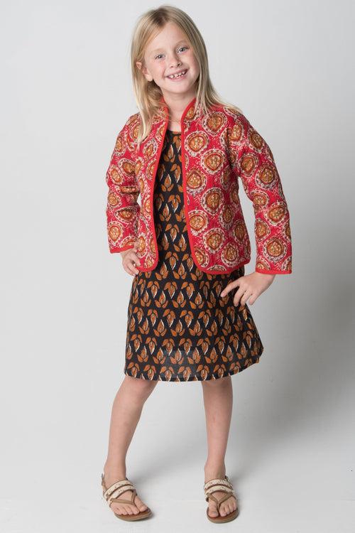 Red Geo Quilted Jacket & Orange Floral Shift Dress