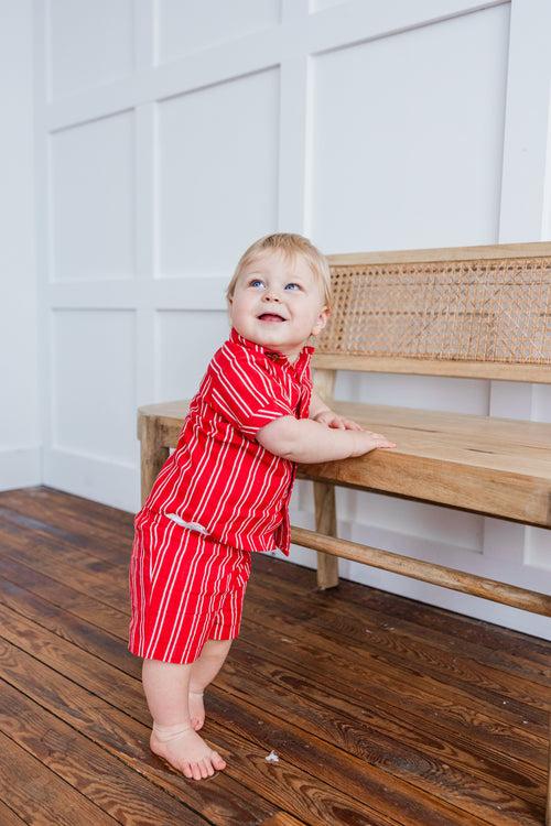 Red Stripes Print Boys Shirt & Shorts set