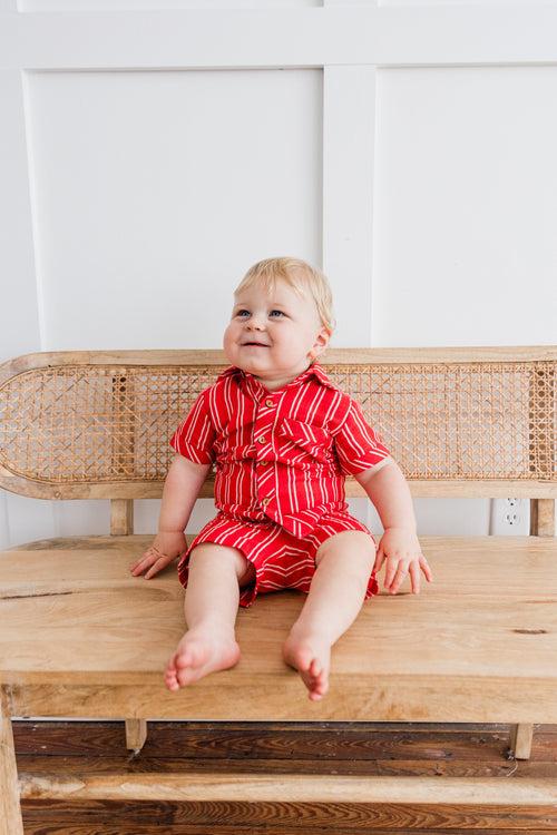 Red Stripes Print Boys Shirt & Shorts set