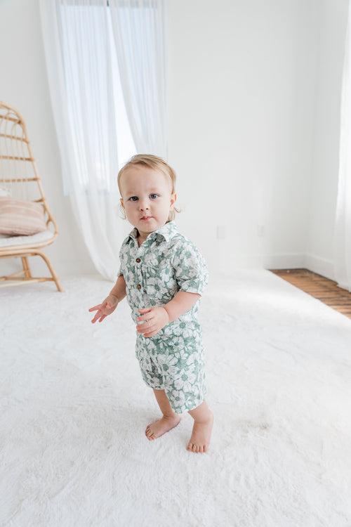 Sage-Green Floral Printed Boys Shirt & Shorts Set