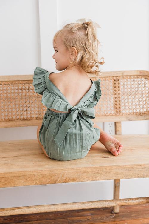 Sage Green Solid Color Ruffled Racer Back Romper