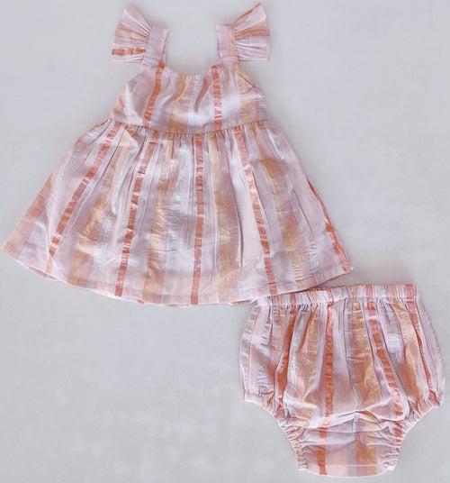 Soft Pink & Tri Colour Lurex Frill Dress and Bloomers