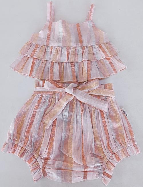 Soft Pink & Copper Lurex Ruffle Top & Shorts Set