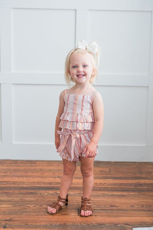 Soft Pink & Copper Lurex Ruffle Top & Shorts Set