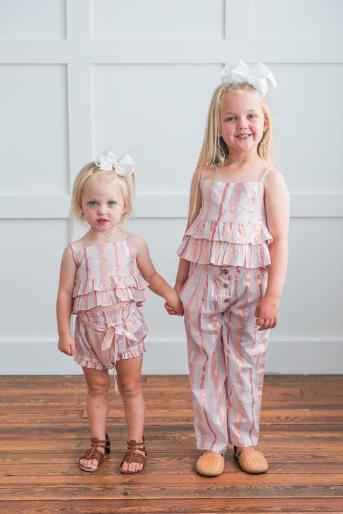 Soft Pink & Copper Lurex Ruffle Top & Shorts Set