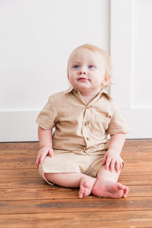 Beige Chambray Boys Shirt & Shorts set