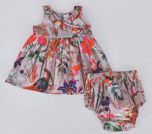 Bird Print Shift Dress With Ruffle Detail & Diaper Cover Set