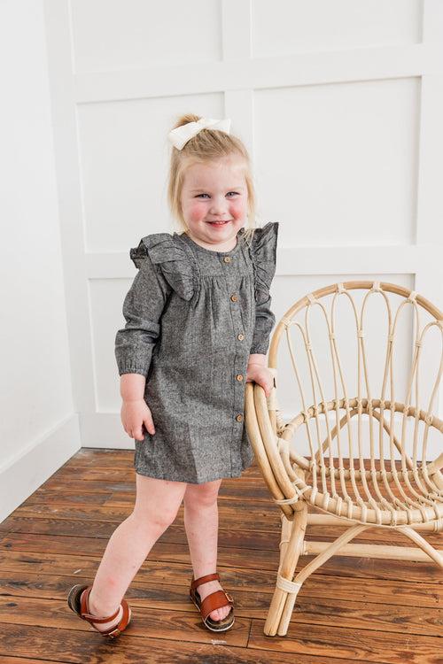 Black Chambray Long-Sleeve Ruffle Dress