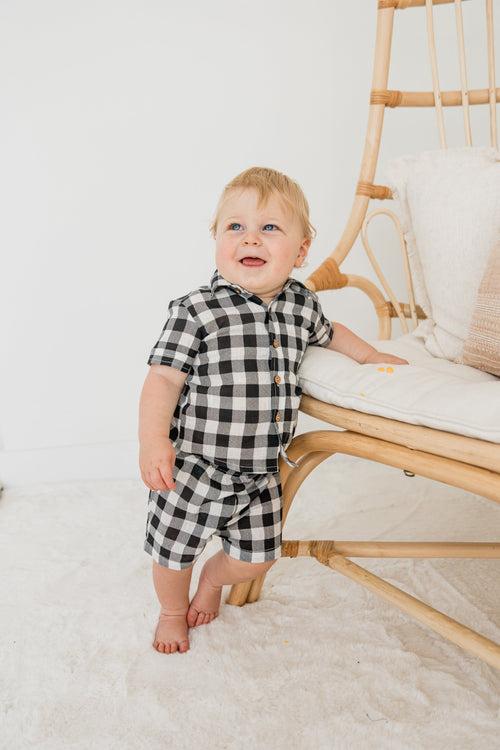 Black Checkered Boys Shirt & Shorts Set