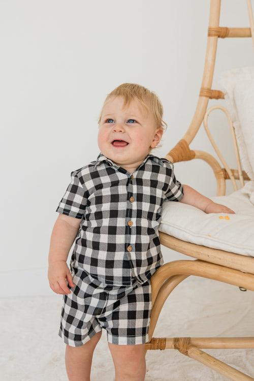 Black Checkered Boys Shirt & Shorts Set