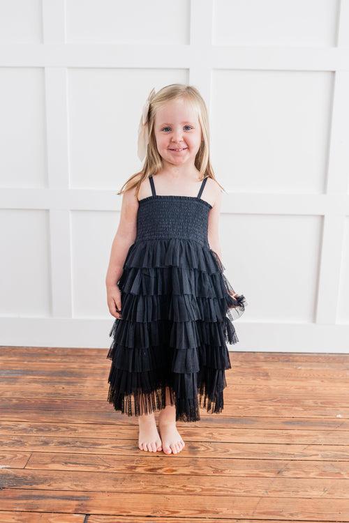 Black Tulle Solid Color Tiered Ruffle Dress