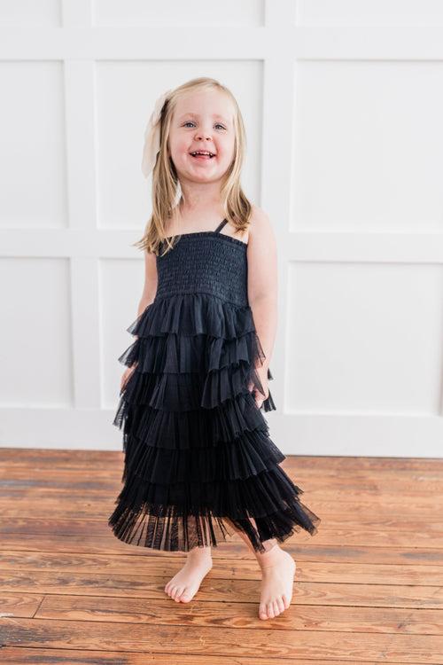 Black Tulle Solid Color Tiered Ruffle Dress