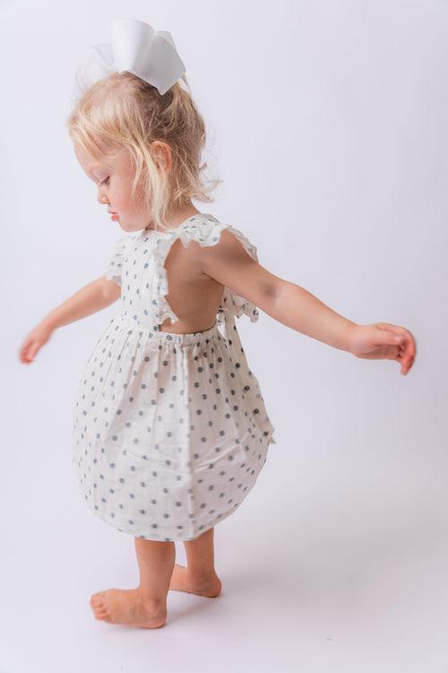 Blue Polka Dot Print Ruffled Racer Back Gathered Dress