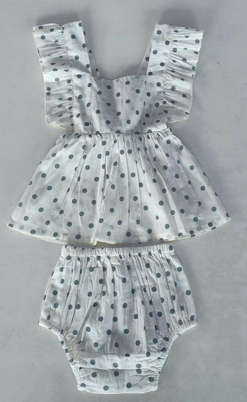 Blue Polka Dot Print Ruffled Racer Back Gathered Dress