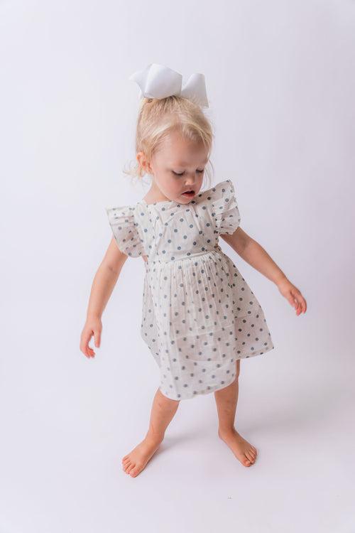 Blue Polka Dot Print Ruffled Racer Back Gathered Dress