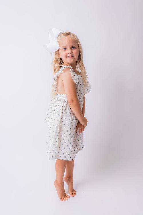 Blue Polka Dot Print Ruffled Racer Back Gathered Dress