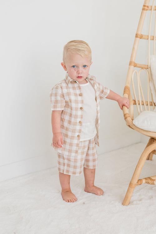 Blush Checkered Printed Boys Shirt ,Shorts & Off-White Inner shirt 3pc set