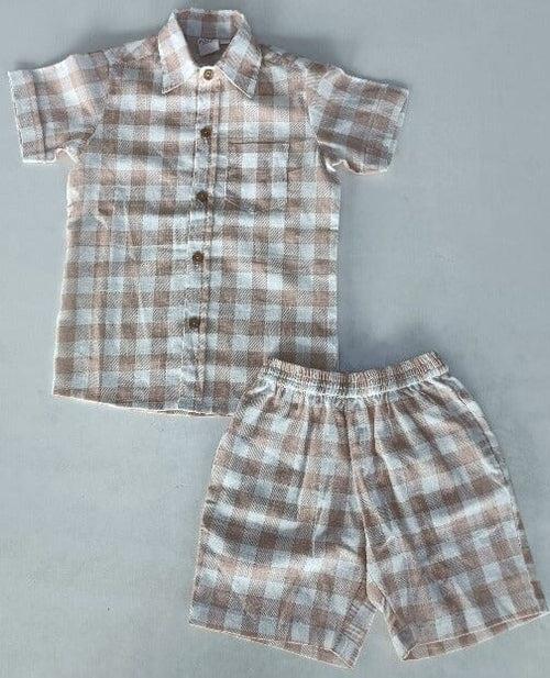 Blush Checkered Printed Boys Shirt ,Shorts & Off-White Inner shirt 3pc set