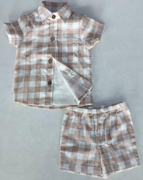 Blush Checkered Printed Boys Shirt + Shorts + Off-White Inner shirt 3pc set