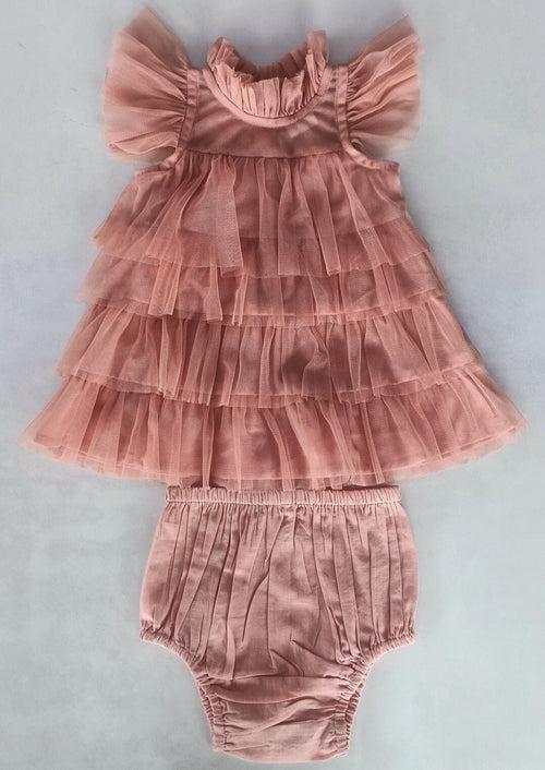 Dark Pink Tulle Ruffled Tiered Dress