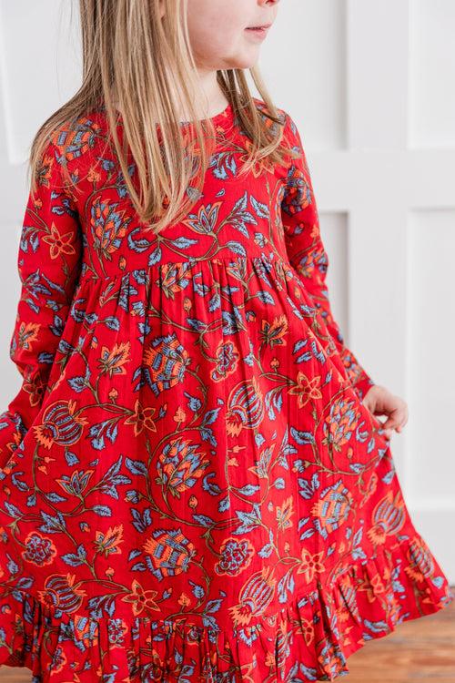 Floral Print Bottom Ruffle Long-Sleeves Gathered Dress