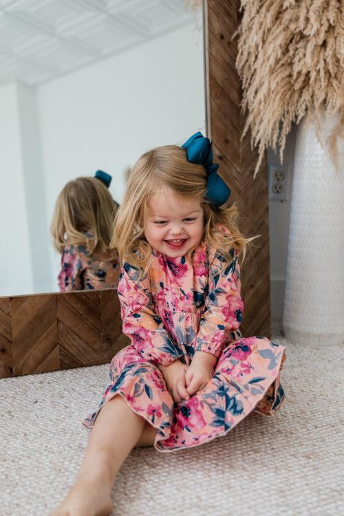 Floral Printed Long Sleeve Dress & Diaper Cover Set