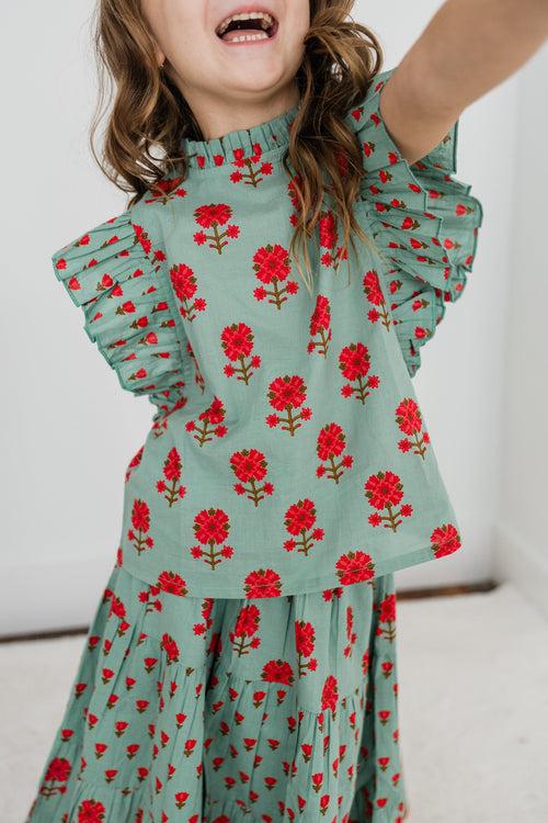 Green Floral Neck Ruffle Top & Tiered Skirt Set