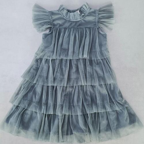 Grey Tulle Ruffled Tiered Dress