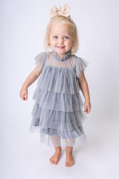 Grey Tulle Ruffled Tiered Dress