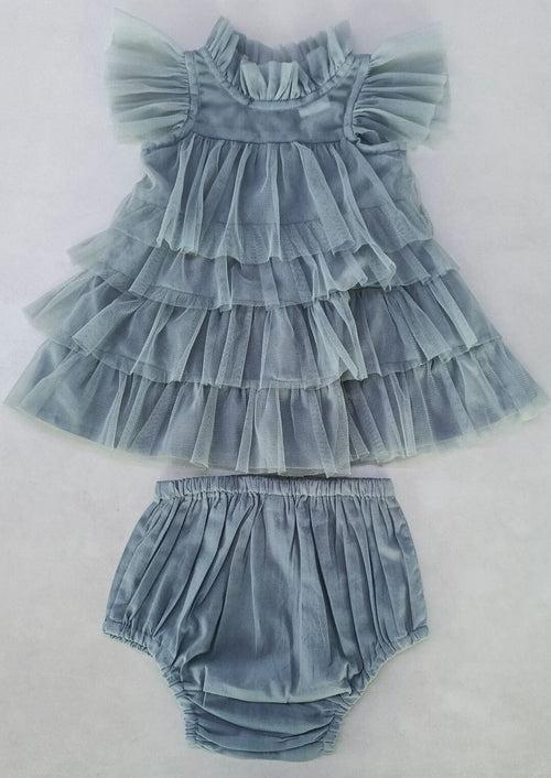 Grey Tulle Ruffled Tiered Dress