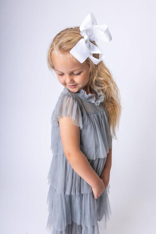 Grey Tulle Ruffled Tiered Dress