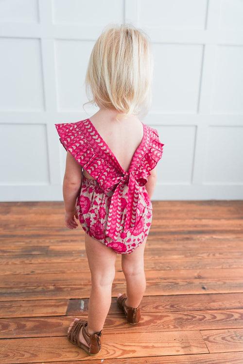 Hot-Pink Floral Ruffled Racer-Back Romper