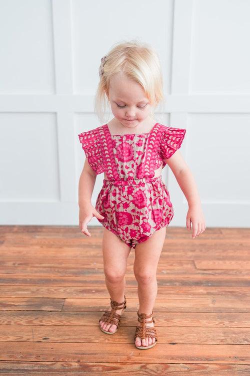 Hot-Pink Floral Ruffled Racer-Back Romper