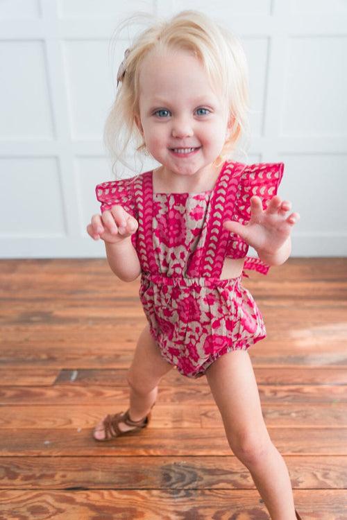 Hot-Pink Floral Ruffled Racer-Back Romper