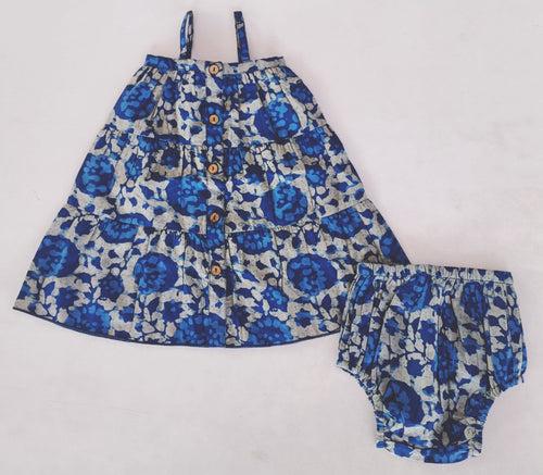 Indigo Floral Printed Tiered Dress and Bloomers