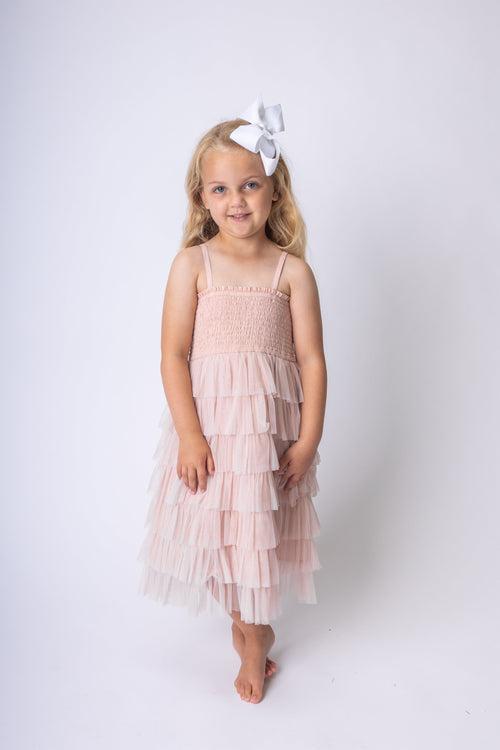 Light Pink Tulle Solid Color Tiered Ruffle Dress