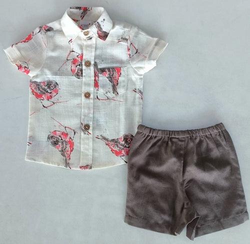 Multi Color Bird Print Boys Shirt & Brown Shorts set