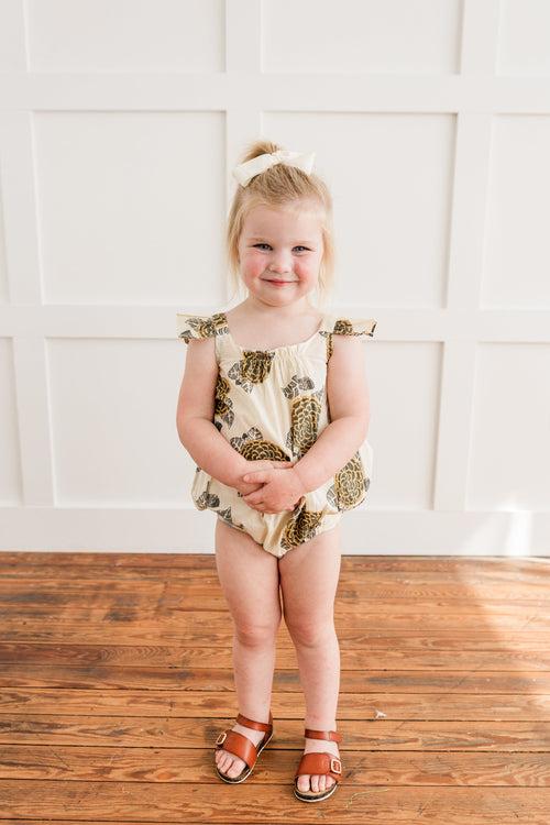 Mustard & Grey Floral Print Sleeve Ruffled Romper